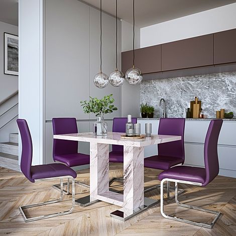 Joule Grey Marble Dining Table with 4 Perth Purple Leather Chairs