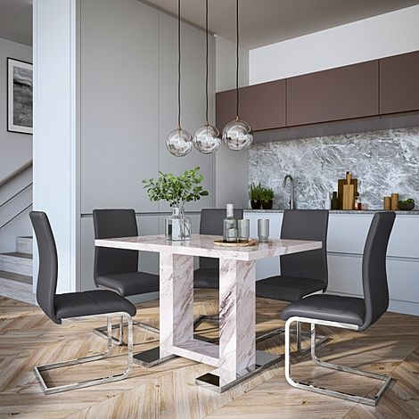 Joule Grey Marble Dining Table with 4 Perth Grey Leather Chairs