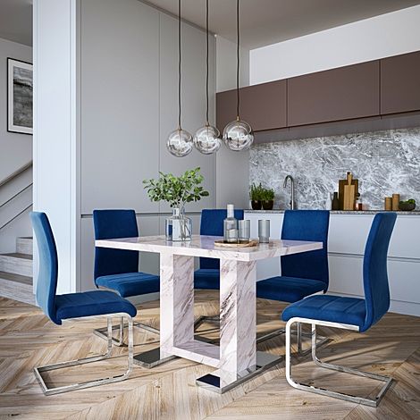 Joule Grey Marble Dining Table with 6 Perth Blue Velvet Chairs