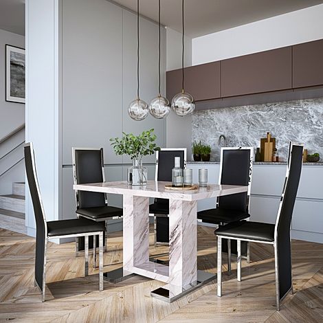 Joule Grey Marble Dining Table with 4 Celeste Black Leather Chairs