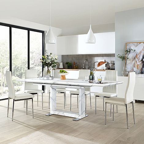 Tokyo Extending Dining Table & 4 Leon Chairs, White Marble Effect, White Classic Faux Leather & Chrome, 160-220cm