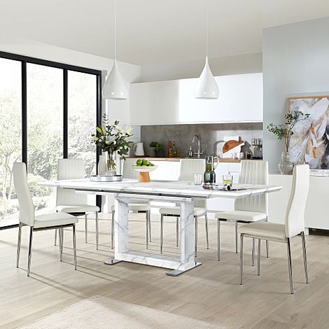 Tokyo Extending Dining Table & 6 Leon Chairs, White Marble Effect, White Classic Faux Leather & Chrome, 160-220cm