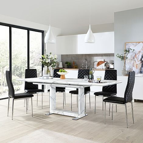 Tokyo Extending Dining Table & 4 Renzo Chairs, White Marble Effect, Black Classic Faux Leather & Chrome, 160-220cm