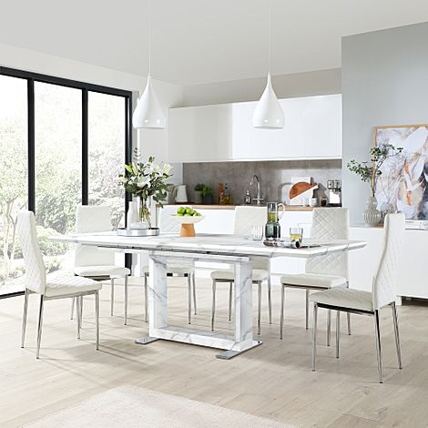 Tokyo Extending Dining Table & 6 Renzo Chairs, White Marble Effect, White Classic Faux Leather & Chrome, 160-220cm