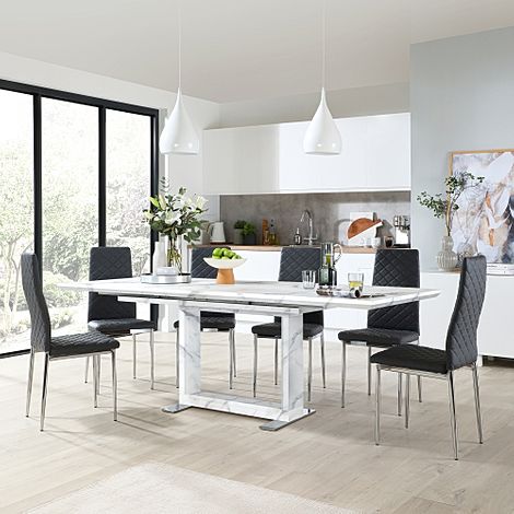 Tokyo Extending Dining Table & 4 Renzo Chairs, White Marble Effect, Grey Classic Faux Leather & Chrome, 160-220cm