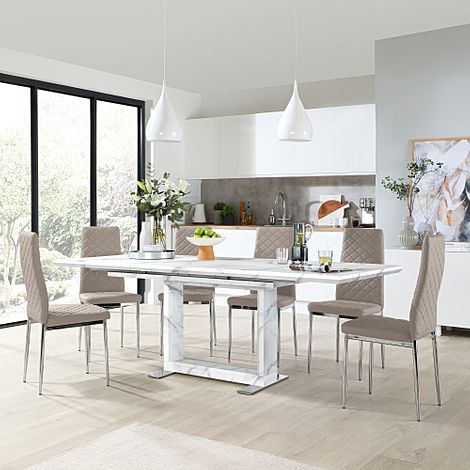 Tokyo Extending Dining Table & 6 Renzo Chairs, White Marble Effect, Stone Grey Classic Faux Leather & Chrome, 160-220cm