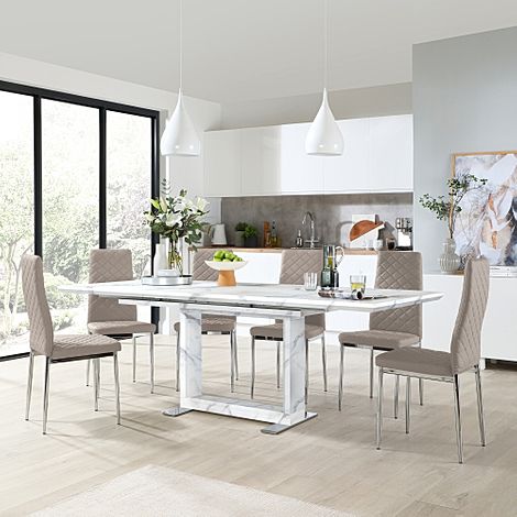 Tokyo Extending Dining Table & 8 Renzo Chairs, White Marble Effect, Stone Grey Classic Faux Leather & Chrome, 160-220cm