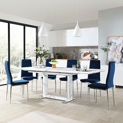 Tokyo Extending Dining Table & 6 Renzo Chairs, White Marble Effect, Blue Classic Velvet & Chrome, 160-220cm