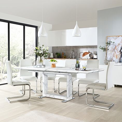 Tokyo White Marble Extending Dining Table with 6 Perth White Leather Chairs