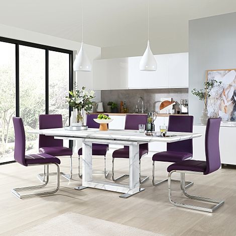 Tokyo Extending Dining Table & 8 Perth Chairs, White Marble Effect, Purple Classic Faux Leather & Chrome, 160-220cm