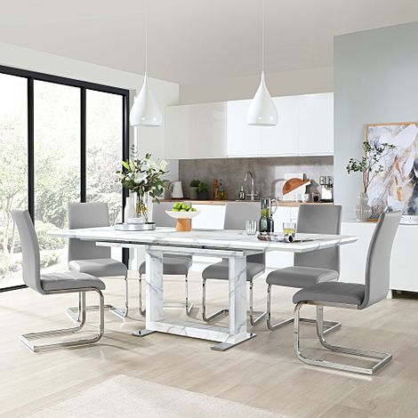 Tokyo Extending Dining Table & 4 Perth Chairs, White Marble Effect, Light Grey Classic Faux Leather & Chrome, 160-220cm