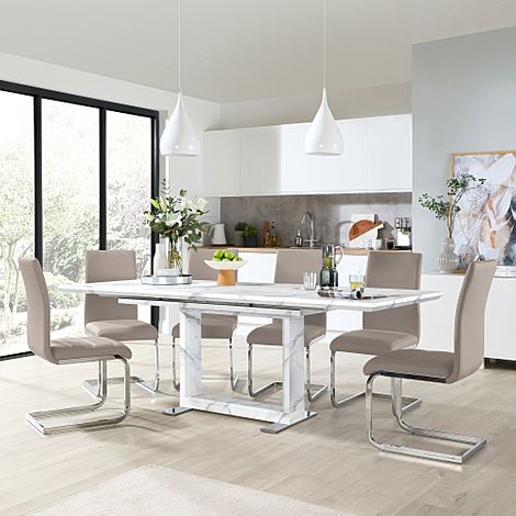 Tokyo Extending Dining Table & 8 Perth Chairs, White Marble Effect, Stone Grey Classic Faux Leather & Chrome, 160-220cm