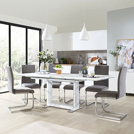 Tokyo Extending Dining Table & 4 Perth Chairs, White Marble Effect, Grey Classic Velvet & Chrome, 160-220cm