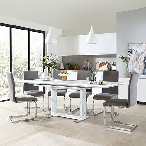 Tokyo Extending Dining Table & 6 Perth Chairs, White Marble Effect, Grey Classic Velvet & Chrome, 160-220cm