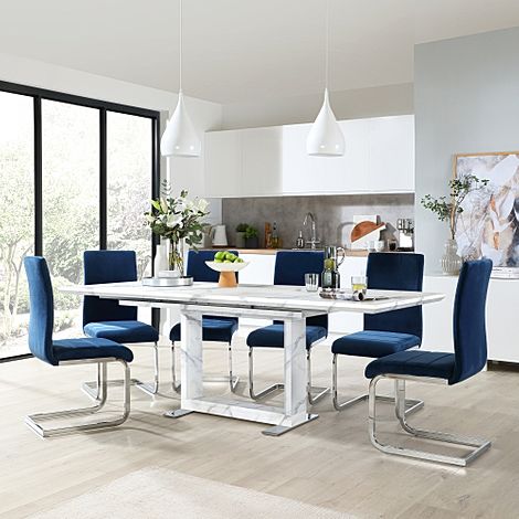 Tokyo Extending Dining Table & 4 Perth Chairs, White Marble Effect, Blue Classic Velvet & Chrome, 160-220cm