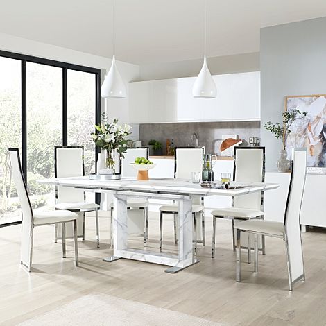 Tokyo Extending Dining Table & 6 Celeste Chairs, White Marble Effect, White Classic Faux Leather & Chrome, 160-220cm