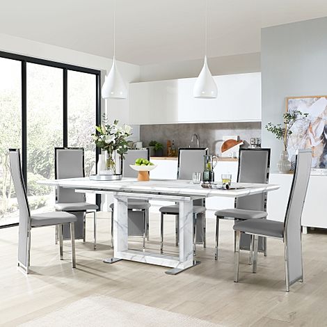 Tokyo Extending Dining Table & 6 Celeste Chairs, White Marble Effect, Light Grey Classic Faux Leather & Chrome, 160-220cm