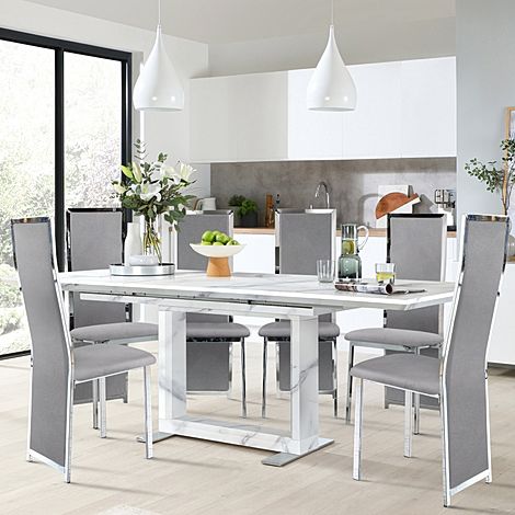 Tokyo Extending Dining Table & 4 Celeste Chairs, White Marble Effect, Grey Classic Velvet & Chrome, 160-220cm