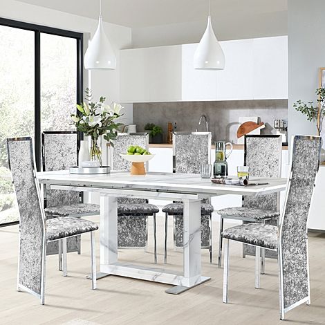 Tokyo Extending Dining Table & 4 Celeste Chairs, White Marble Effect, Silver Crushed Velvet & Chrome, 160-220cm