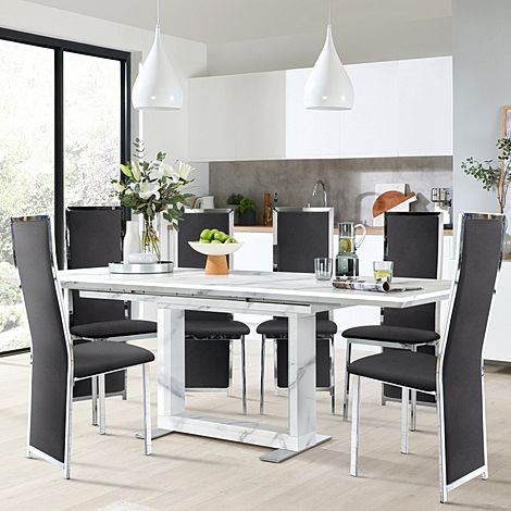 Tokyo White Marble Extending Dining Table with 4 Celeste Black Velvet Chairs