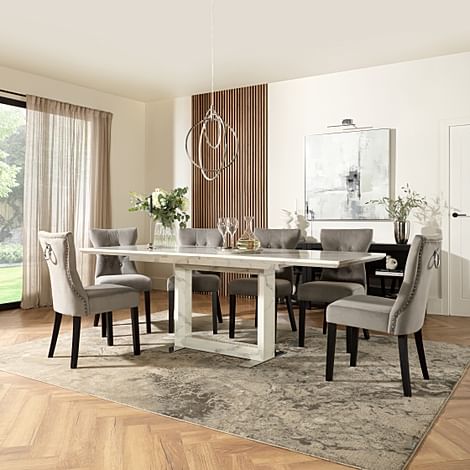 Tokyo Extending Dining Table & 6 Kensington Chairs, White Marble Effect, Grey Classic Velvet & Black Solid Hardwood, 160-220cm
