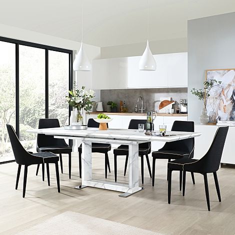 Tokyo White Marble Extending Dining Table with 4 Modena Black Fabric Chairs