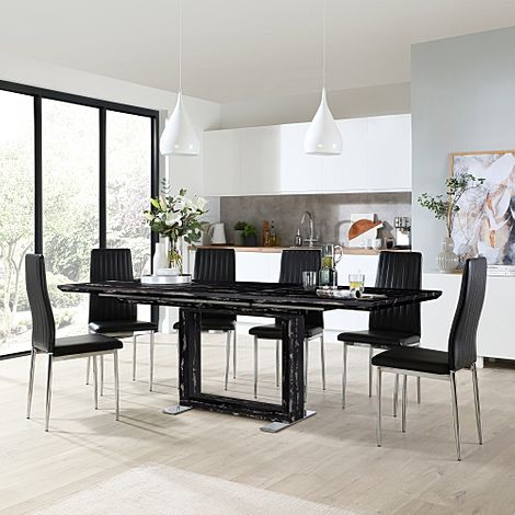 Tokyo Black Marble Extending Dining Table with 4 Leon Black Leather Chairs