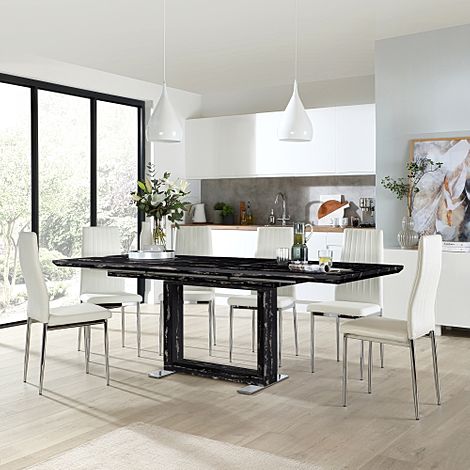 Tokyo Black Marble Extending Dining Table with 4 Leon White Leather Chairs