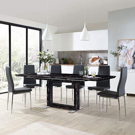 Tokyo Black Marble Extending Dining Table with 4 Leon Grey Leather Chairs