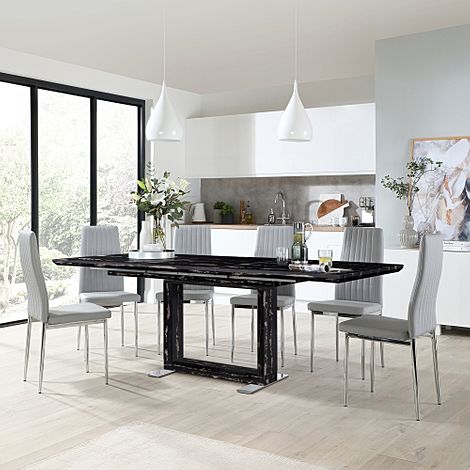 Tokyo Black Marble Extending Dining Table with 6 Leon Light Grey Leather Chairs