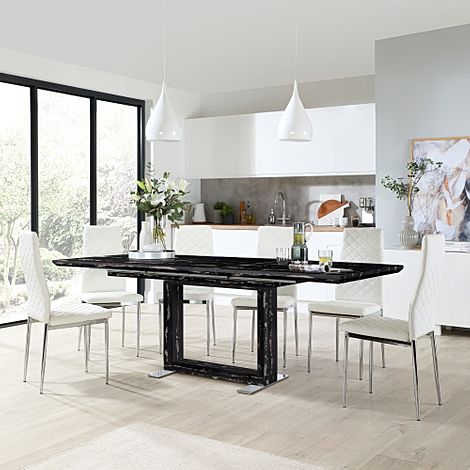 Tokyo Black Marble Extending Dining Table with 4 Renzo White Leather Chairs