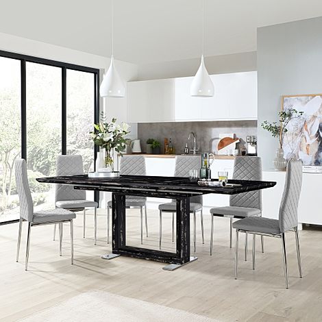 Tokyo Black Marble Extending Dining Table with 4 Renzo Light Grey Leather Chairs
