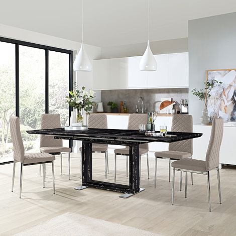 Tokyo Black Marble Extending Dining Table with 4 Renzo Stone Grey Leather Chairs