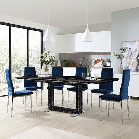 Tokyo Black Marble Extending Dining Table with 4 Renzo Blue Velvet Chairs