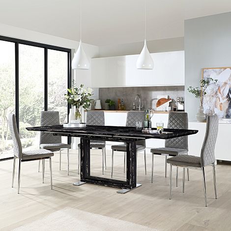 Tokyo Black Marble Extending Dining Table with 4 Renzo Grey Velvet Chairs