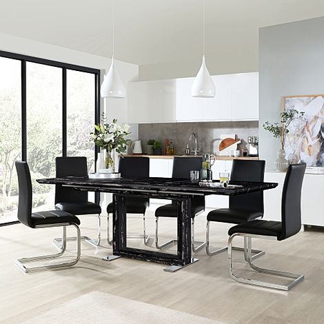 Tokyo Black Marble Extending Dining Table with 4 Perth Black Leather Chairs