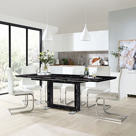 Tokyo Black Marble Extending Dining Table with 4 Perth White Leather Chairs