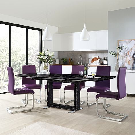 Tokyo Black Marble Extending Dining Table with 4 Perth Purple Leather Chairs