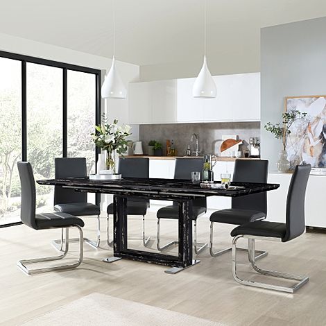 Tokyo Black Marble Extending Dining Table with 4 Perth Grey Leather Chairs