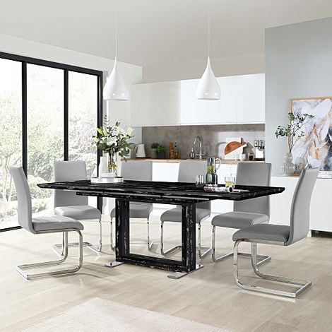 Tokyo Black Marble Extending Dining Table with 4 Perth Light Grey Leather Chairs