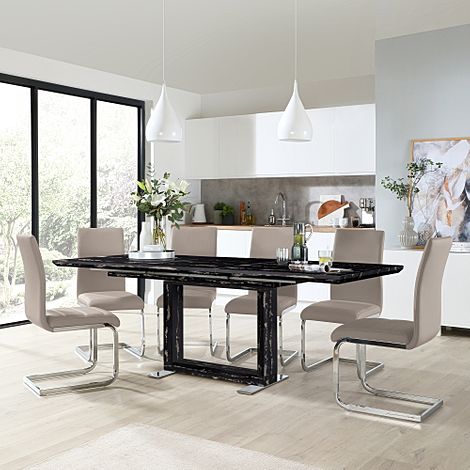 Tokyo Black Marble Extending Dining Table with 4 Perth Stone Grey Leather Chairs