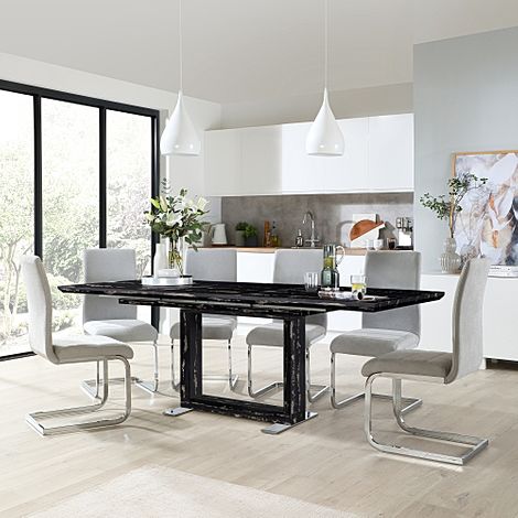 Tokyo Black Marble Extending Dining Table with 4 Perth Dove Grey Fabric Chairs