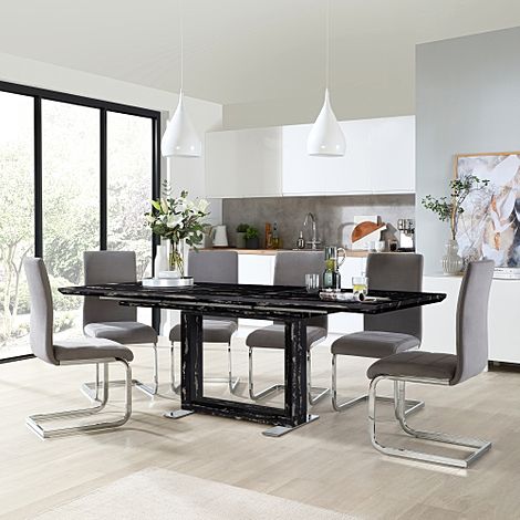 Tokyo Black Marble Extending Dining Table with 4 Perth Grey Velvet Chairs