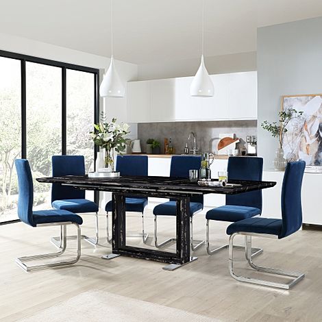 Tokyo Black Marble Extending Dining Table with 4 Perth Blue Velvet Chairs