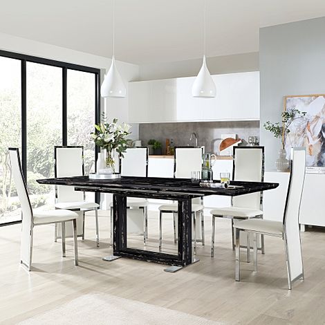 Tokyo Black Marble Extending Dining Table with 4 Celeste White Leather Chairs