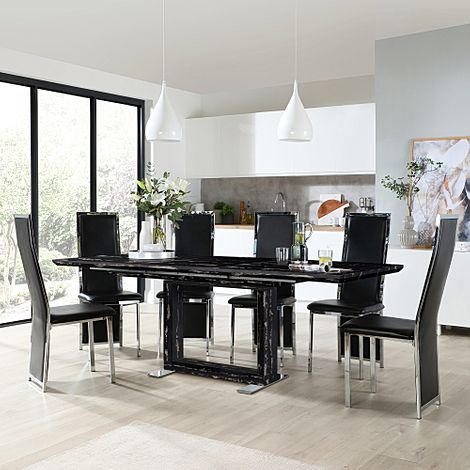 Tokyo Black Marble Extending Dining Table with 4 Celeste Black Leather Chairs