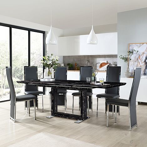 Tokyo Black Marble Extending Dining Table with 8 Celeste Grey Leather Chairs