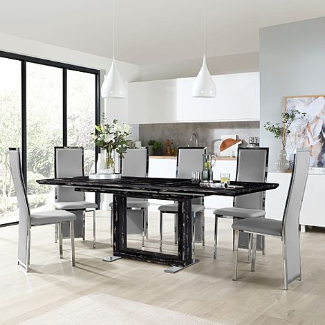 Tokyo Black Marble Extending Dining Table with 4 Celeste Light Grey Leather Chairs