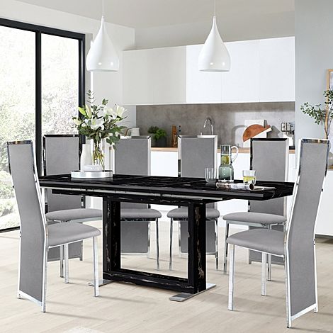 Tokyo Black Marble Extending Dining Table with 6 Celeste Grey Velvet Chairs