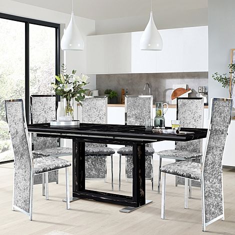 Tokyo Black Marble Extending Dining Table with 4 Celeste Silver Crushed Velvet Chairs